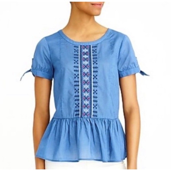 J.CREW Tops - J Crew Women’s Sz 2 New Top Blue Embroidered Peplum Boho NWT